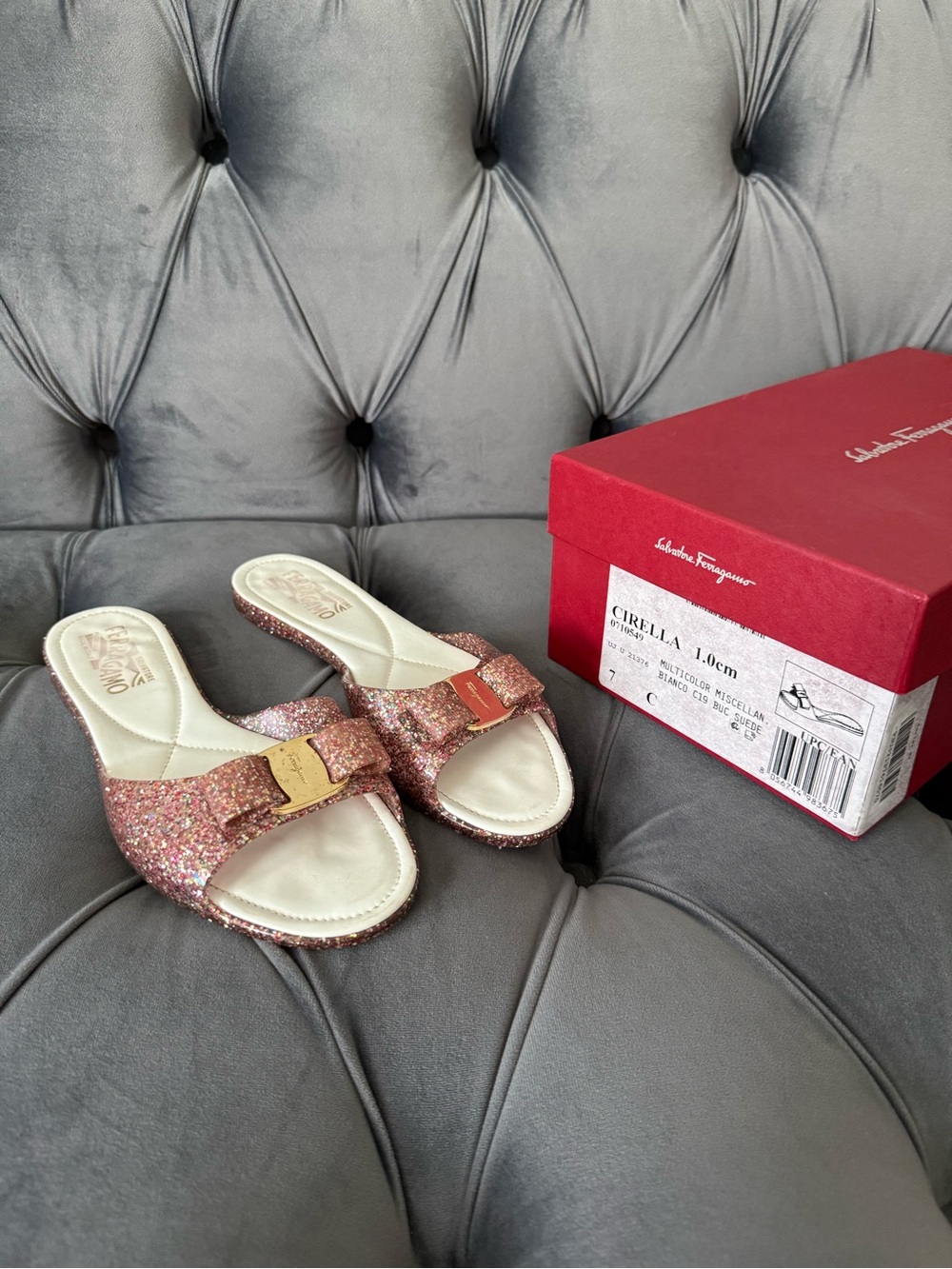 Salvatore Ferragamo Rose Gold Glitter Vara Bow Slide Sandals